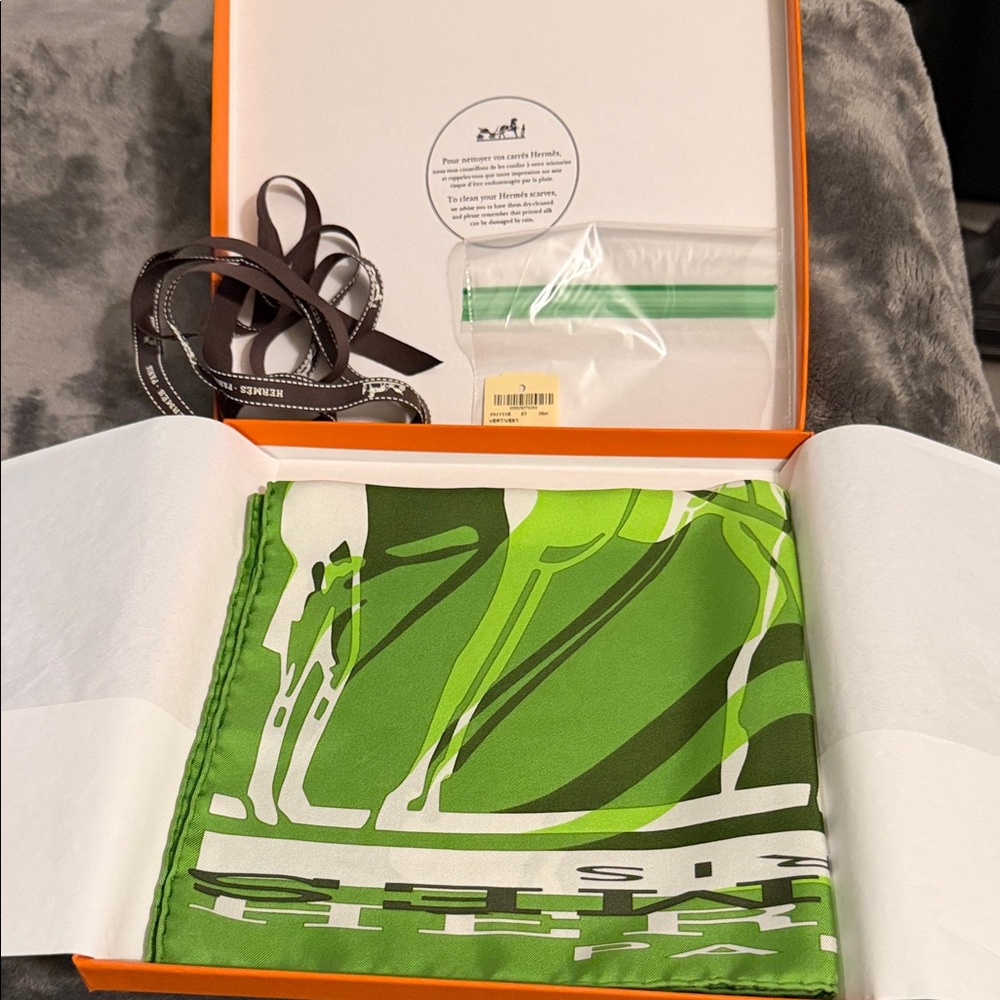 Hermes Green and White Silk Scarf Calèche élastique